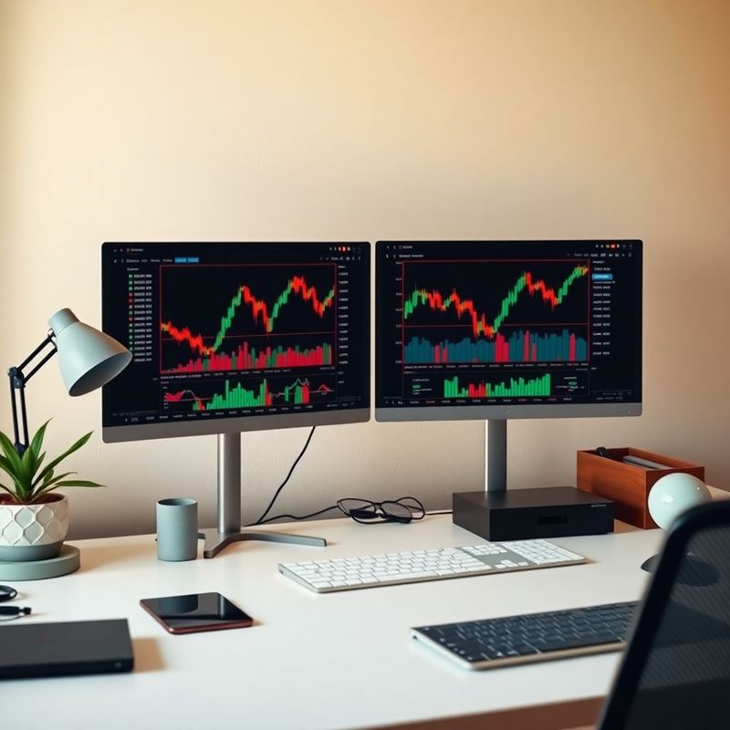 Birou modern cu monitoare afișând un dashboard de monitorizare trading